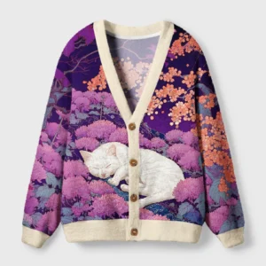 Front view of the blooming sea cardigan sweater featuring a vibrant floral ocean design and soft beige trim.
