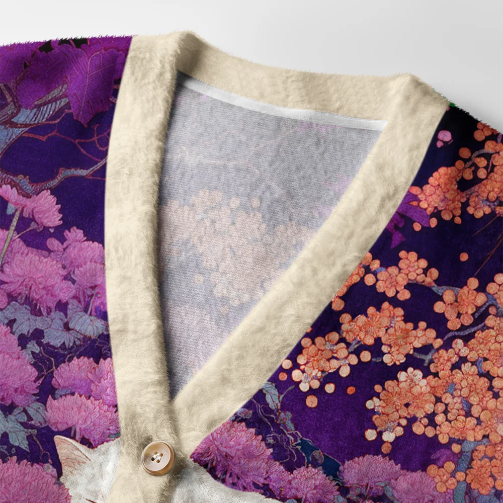 Blooming Sea Cardigan Sweater | Floral Ocean Design Close-up detail of the blooming sea cardigan sweater highlighting the colorful floral ocean design and texture.