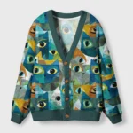 Front view of the cats of all kinds cardigan sweater featuring colorful cat designs and buttons.