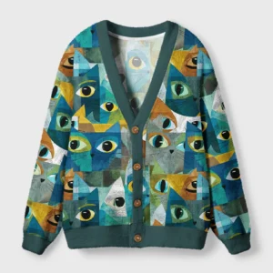 Front view of the cats of all kinds cardigan sweater featuring colorful cat designs and buttons.