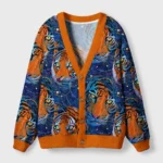 Front view of the aurora tiger cardigan sweater showcasing vibrant tiger designs on a blue background.