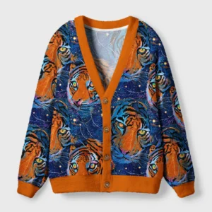 Front view of the aurora tiger cardigan sweater showcasing vibrant tiger designs on a blue background.