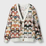 Front view of the hat-wearing cats cardigan sweater showcasing vibrant cat designs and cozy fabric.