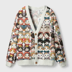 Front view of the hat-wearing cats cardigan sweater showcasing vibrant cat designs and cozy fabric.