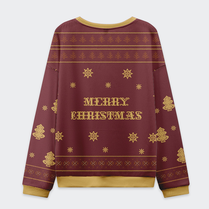Penguin Overstimulated but Festive Christmas Ugly Sweatshirt Back perspective of the penguin overstimulated but festive sweatshirt showcasing its cozy fit and vibrant color.