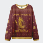 Front view of the penguin overstimulated but festive sweatshirt in burgundy with playful penguin design.