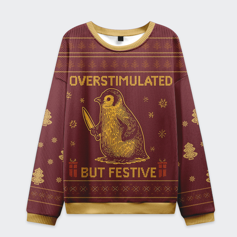 Penguin Overstimulated but Festive Christmas Ugly Sweatshirt Front view of the penguin overstimulated but festive sweatshirt in burgundy with playful penguin design.