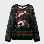 The Cat Is Watching You Today sweatshirt in black features festive cat designs with Santa hats, front view.