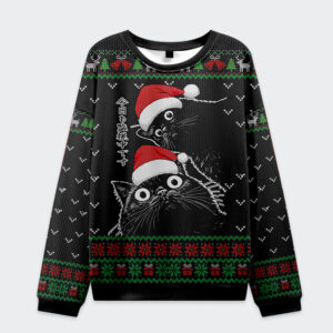 The Cat Is Watching You Today sweatshirt in black features festive cat designs with Santa hats, front view.
