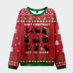 Front view of the red 'What Christmas Get To Work sweatshirt' featuring playful black cat designs and festive patterns.