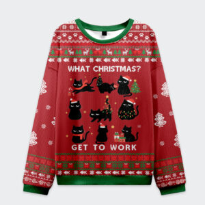 Front view of the red 'What Christmas Get To Work sweatshirt' featuring playful black cat designs and festive patterns.