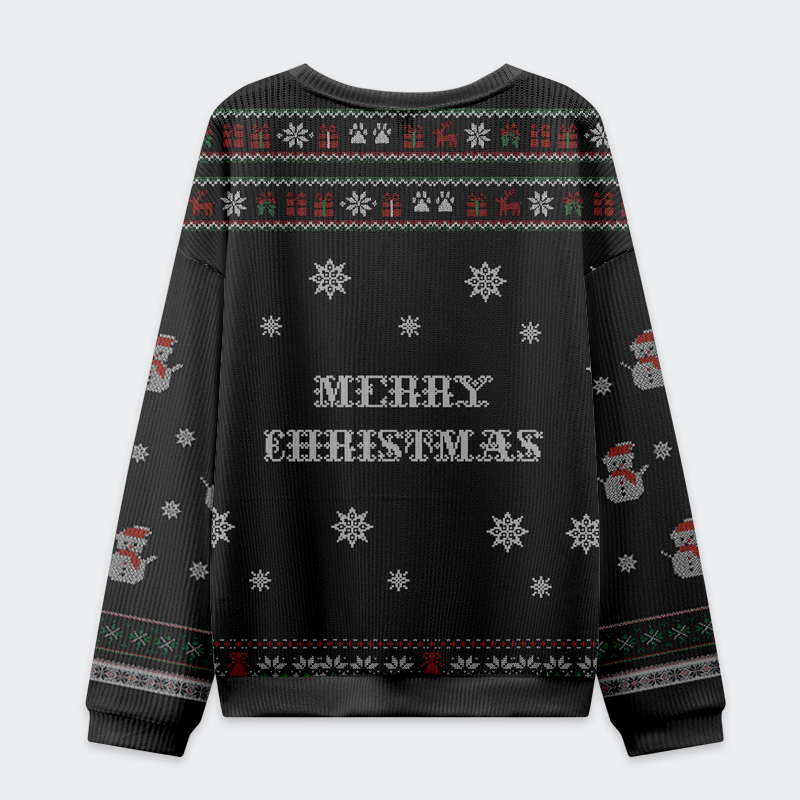 Arrested Cat Christmas Ugly Sweatshirt | Feline Felon Design Back view showcasing the cozy fit of the arrested cat Christmas ugly sweatshirt, perfect for winter gatherings.
