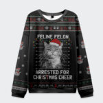 Front view of the arrested cat Christmas ugly sweatshirt in black with festive cat design and holiday patterns.