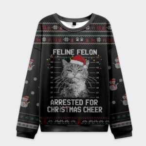 Front view of the arrested cat Christmas ugly sweatshirt in black with festive cat design and holiday patterns.