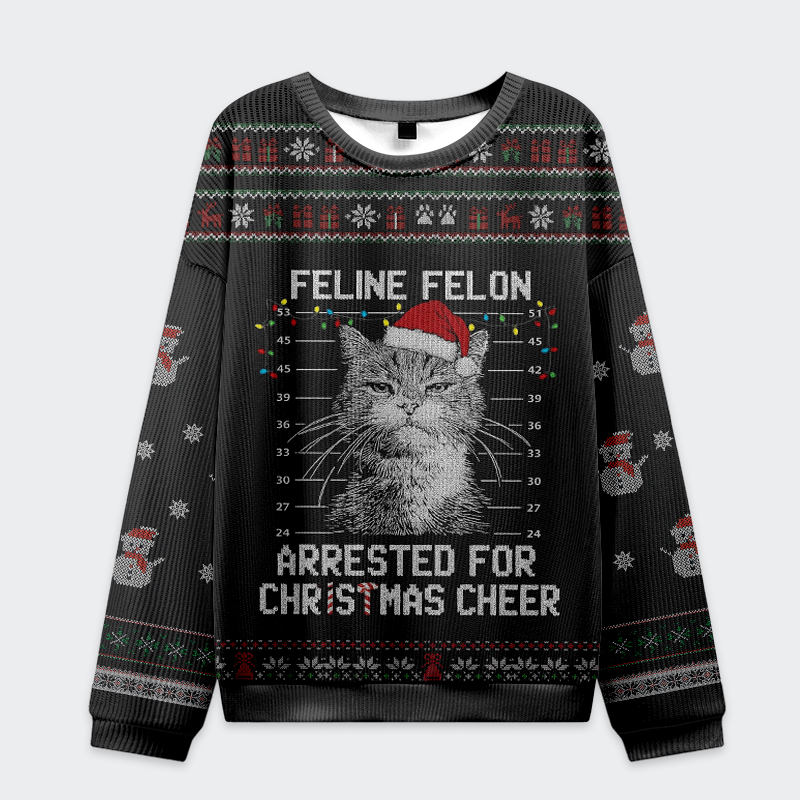 Arrested Cat Christmas Ugly Sweatshirt | Feline Felon Design Front view of the arrested cat Christmas ugly sweatshirt in black with festive cat design and holiday patterns.