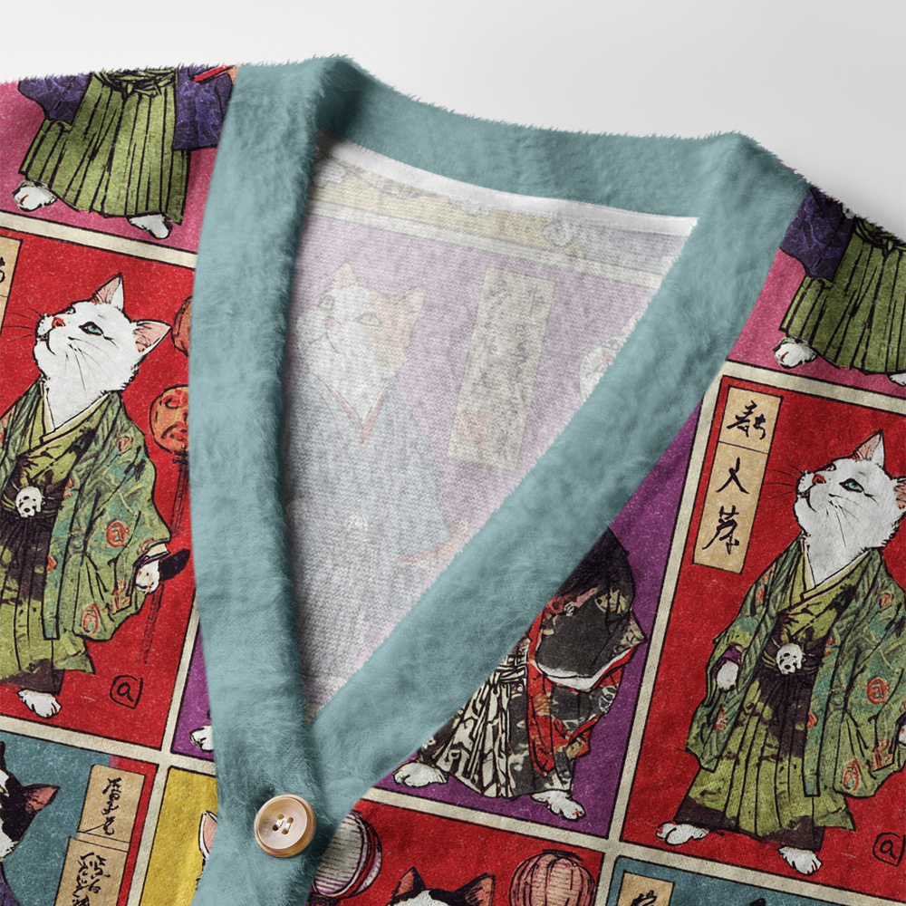 Samurai Cat Cardigan Sweater | Vintage Japanese Design Close-up detail of the samurai cat cardigan sweater's buttons and texture, featuring colorful cat illustrations.