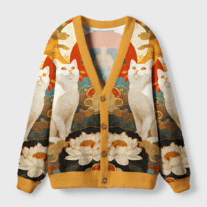 Front view of the white guardians vermilion sun cardigan featuring intricate Japanese mythic design and vibrant colors.
