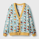 Front view of the funny cat sushi cardigan sweater featuring a playful sushi design on a blue background.