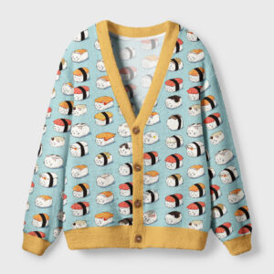 Front view of the funny cat sushi cardigan sweater featuring a playful sushi design on a blue background.