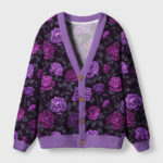 Front view of the Peony Grace Cardigan Sweater featuring a vibrant floral design in shades of purple.