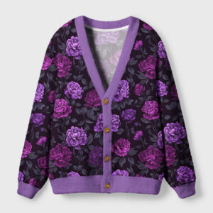 Front view of the Peony Grace Cardigan Sweater featuring a vibrant floral design in shades of purple.