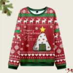 Front view of the rice ball Japanese red Christmas ugly sweatshirt featuring a festive design with a Christmas tree.