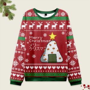 Front view of the rice ball Japanese red Christmas ugly sweatshirt featuring a festive design with a Christmas tree.