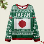 Front view of the Japan Christmas ugly sweatshirt in green, featuring Japanese art design and festive patterns.