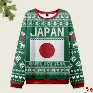 Front view of the Japan Christmas ugly sweatshirt in green, featuring Japanese art design and festive patterns.