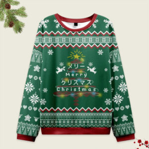 Front view of the Christmas tree Japanese green ugly sweatshirt featuring festive designs and text.