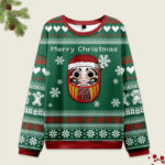 Front view of the Japanese Daruma green Christmas ugly sweatshirt featuring festive designs and bold colors.