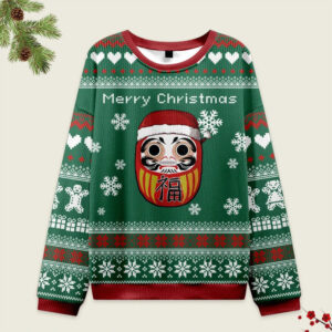 Front view of the Japanese Daruma green Christmas ugly sweatshirt featuring festive designs and bold colors.