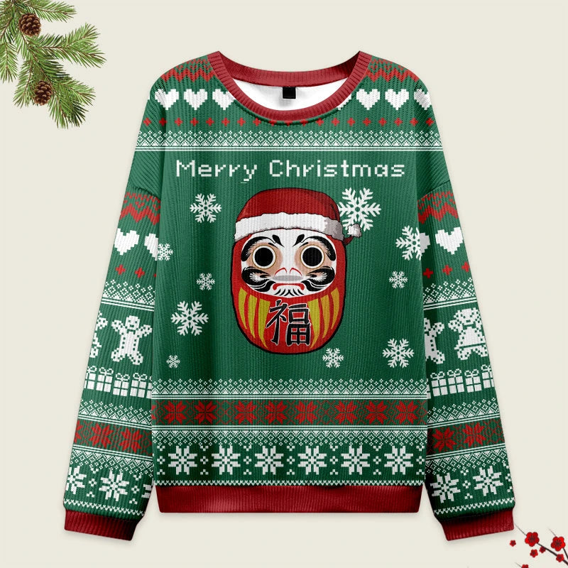 Japanese Daruma Green Christmas Ugly Sweatshirt Front view of the Japanese Daruma green Christmas ugly sweatshirt featuring festive designs and bold colors.