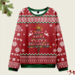 Front view of the Christmas tree Japanese red Christmas ugly sweatshirt featuring festive designs and vibrant colors.