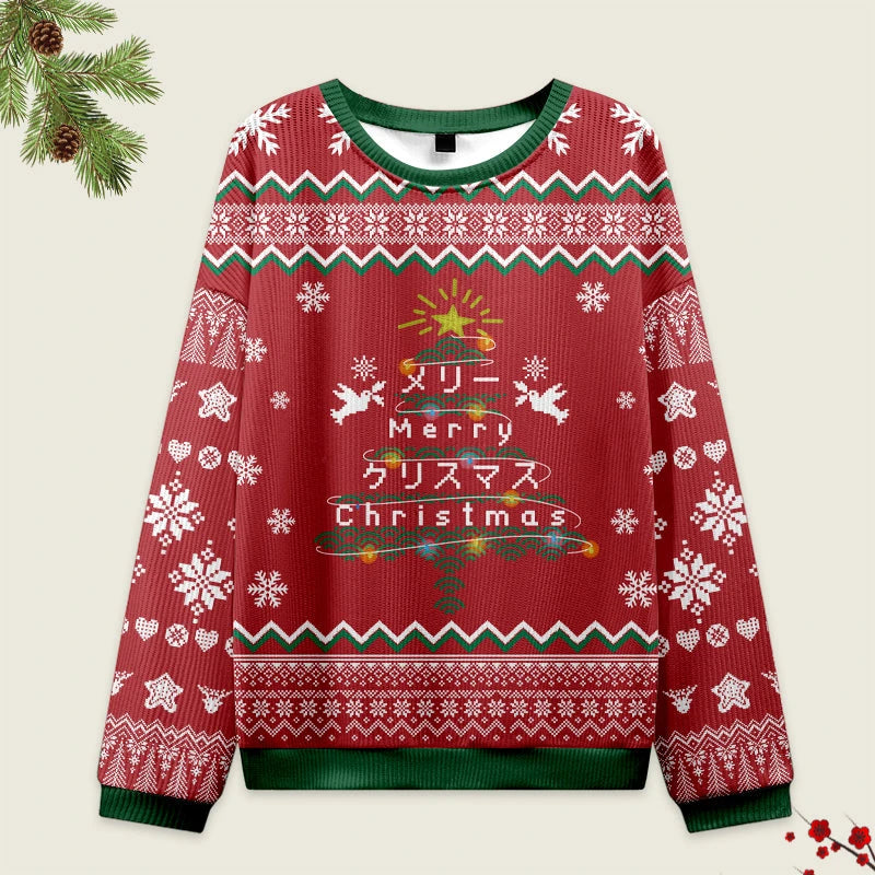 Christmas Tree Japanese Red Christmas Ugly Sweatshirt Front view of the Christmas tree Japanese red Christmas ugly sweatshirt featuring festive designs and vibrant colors.