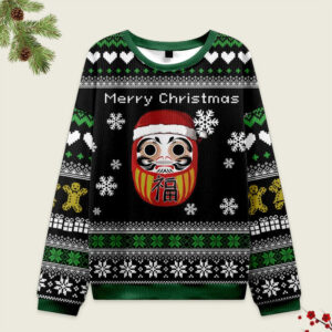 Front view of the daruma black Christmas ugly sweatshirt featuring a festive design with a Daruma doll and snowflakes.