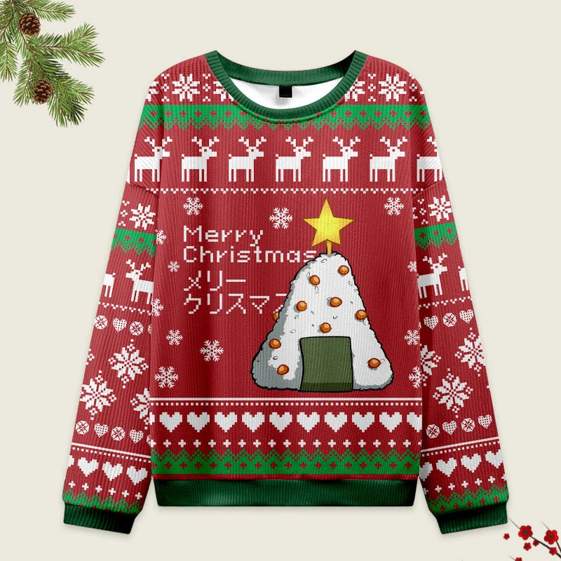 Rice Ball Japanese Red Christmas Ugly Sweatshirt Front view of the rice ball Japanese red Christmas ugly sweatshirt featuring a festive design with a Christmas tree.