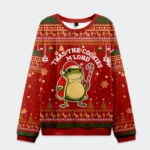 Front view of the Twas The Cookies Frog Christmas Ugly Sweatshirt, featuring a vibrant red color and festive frog design.