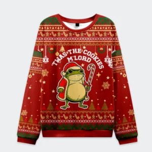 Front view of the Twas The Cookies Frog Christmas Ugly Sweatshirt, featuring a vibrant red color and festive frog design.