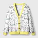 Front view of the mischievous capybara cardigan sweater showcasing its playful design and yellow trim.