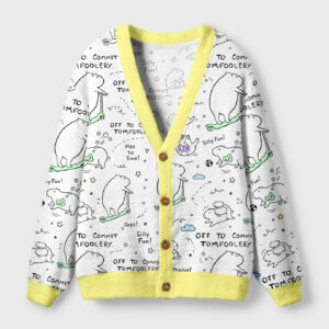 Front view of the mischievous capybara cardigan sweater showcasing its playful design and yellow trim.