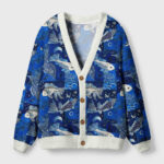 Front view of the moonlight dancing fish cardigan sweater, featuring vibrant celestial fish design in deep blue.