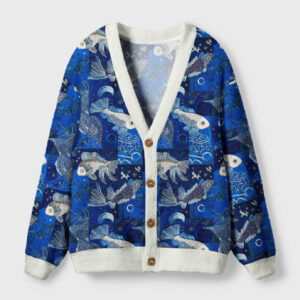 Front view of the moonlight dancing fish cardigan sweater, featuring vibrant celestial fish design in deep blue.