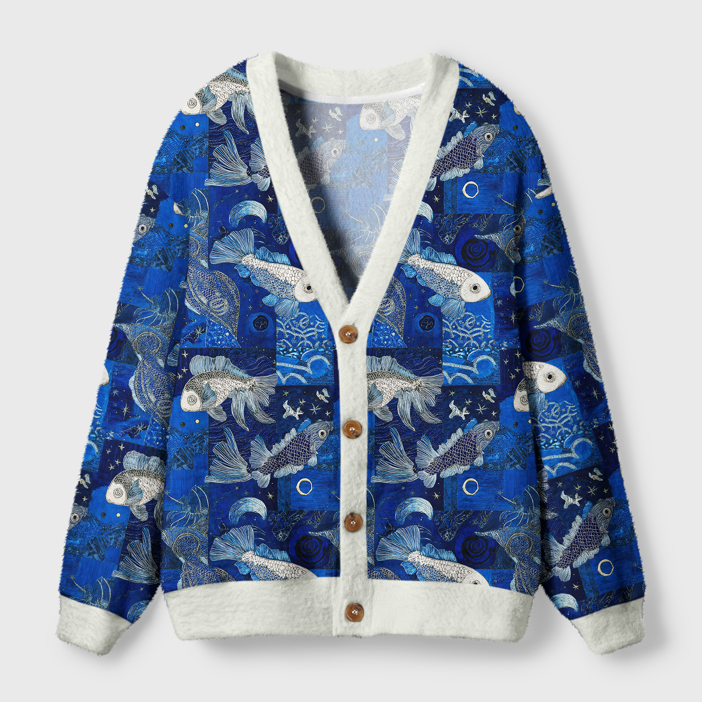 Moonlight Dancing Fish Cardigan Sweater | Celestial Design Front view of the moonlight dancing fish cardigan sweater, featuring vibrant celestial fish design in deep blue.
