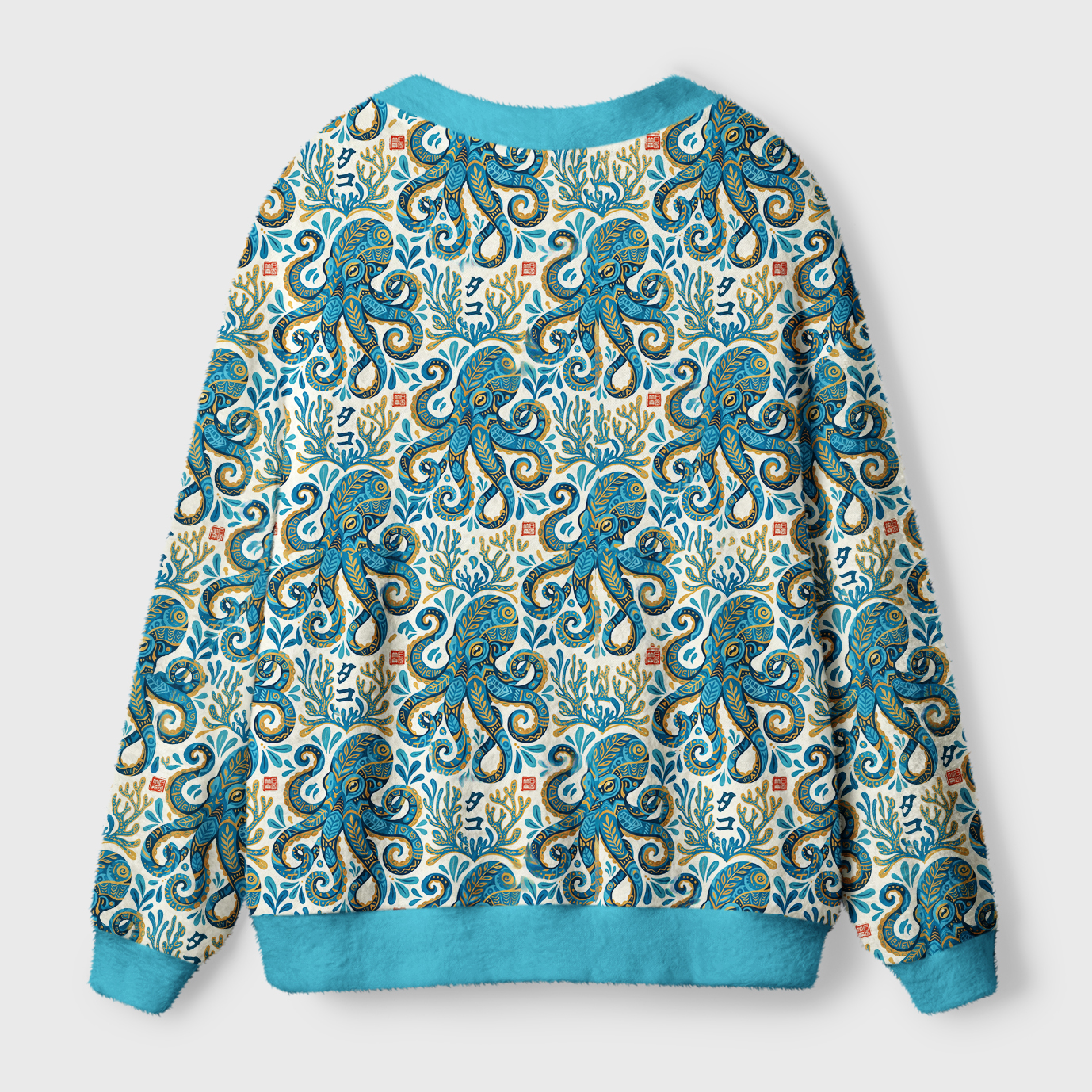 Mystic Octopus Waves Cardigan Sweater Back view of the mystic octopus waves cardigan sweater showcasing intricate ocean art and cozy fit.