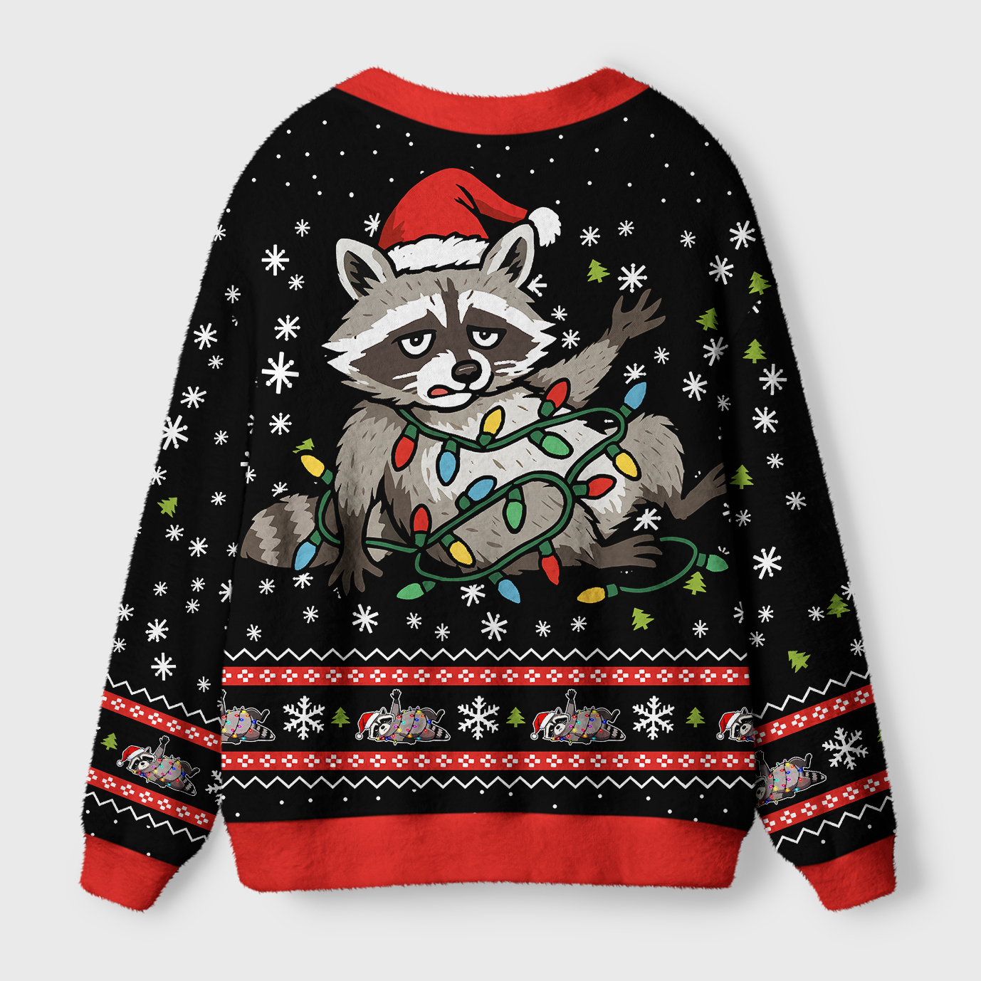 Unlucky Raccoon Cardigan Sweater Back view of the unlucky raccoon cardigan sweater showcasing festive patterns with snowflakes and raccoons.