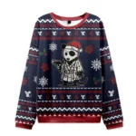 Front view of the possum samurai christmas ugly sweatshirt featuring a playful design with a festive color scheme.