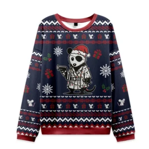 Front view of the possum samurai christmas ugly sweatshirt featuring a playful design with a festive color scheme.
