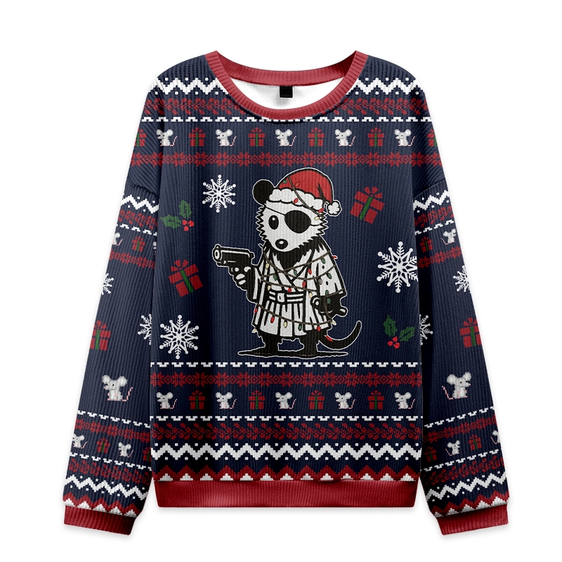 Possum Samurai Christmas Ugly Sweatshirt Front view of the possum samurai christmas ugly sweatshirt featuring a playful design with a festive color scheme.