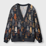 Front view of abstract line art cat cardigan sweater with vibrant cat designs on a navy background.